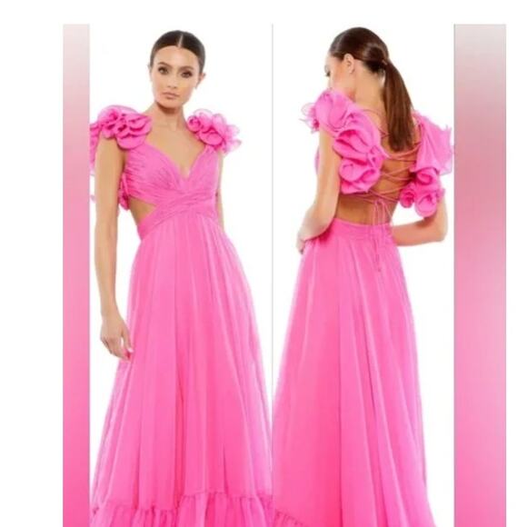Mac Duggal Bright Pink Open Back Ruffle Shoulder Gown 67911 Sz 0 - Picture 1 of 13